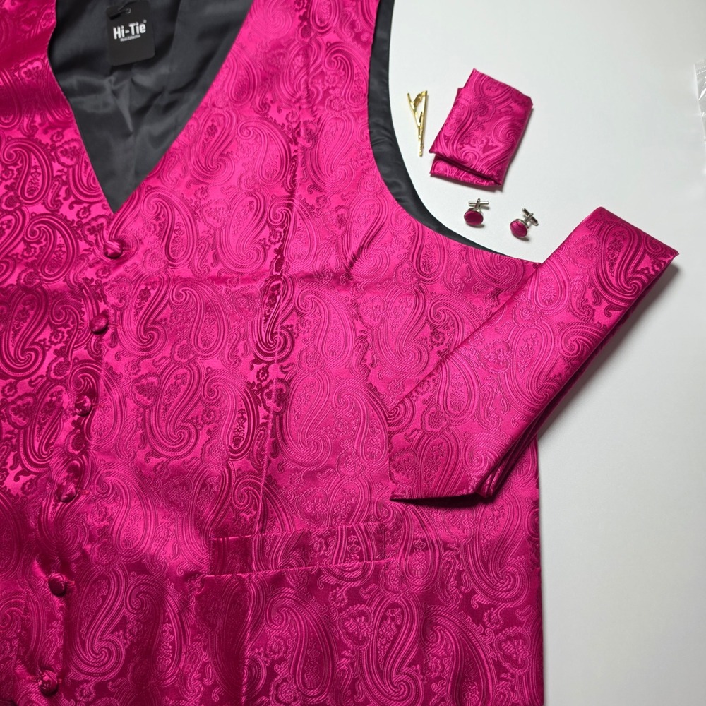 Hi-Tie Mens XXXL Pink Paisley Vest Set‎ Silk Blend Pocket Square Cufflinks Tie